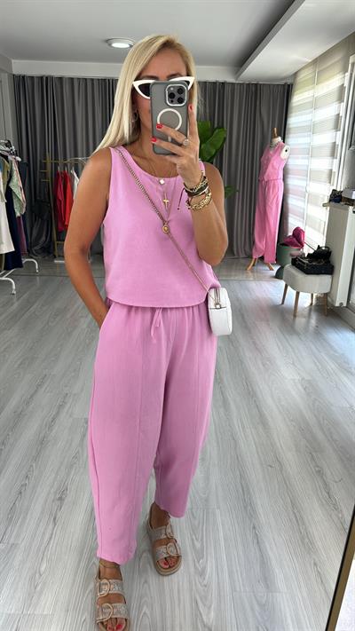 PAMUK KETEN BLUZ, BELİ LASTİKLİ  PANTOLON TAKIM / PEMBE