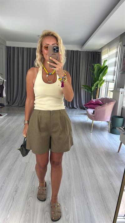 Pamuk Keten Haki Şort