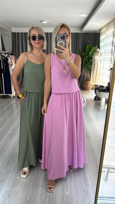 PAMUK KETEN KALIN ASKILI BLUZ ETEK PEMBE TAKIM