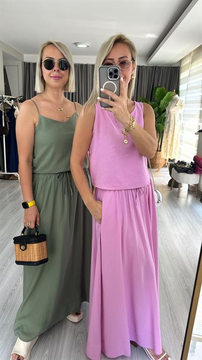 PAMUK KETEN KALIN ASKILI BLUZ ETEK PEMBE TAKIM