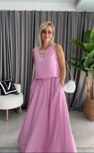 PAMUK KETEN KALIN ASKILI BLUZ ETEK PEMBE TAKIM