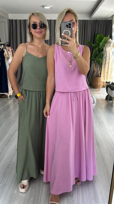 PAMUK KETEN KALIN ASKILI BLUZ ETEK PEMBE TAKIM