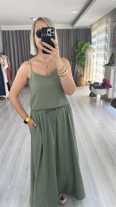 PAMUK KETEN SPAGETTİ ASKI BLUZ ETEK YEŞİL TAKIM