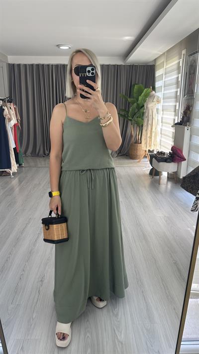 PAMUK KETEN SPAGETTİ ASKI BLUZ ETEK YEŞİL TAKIM