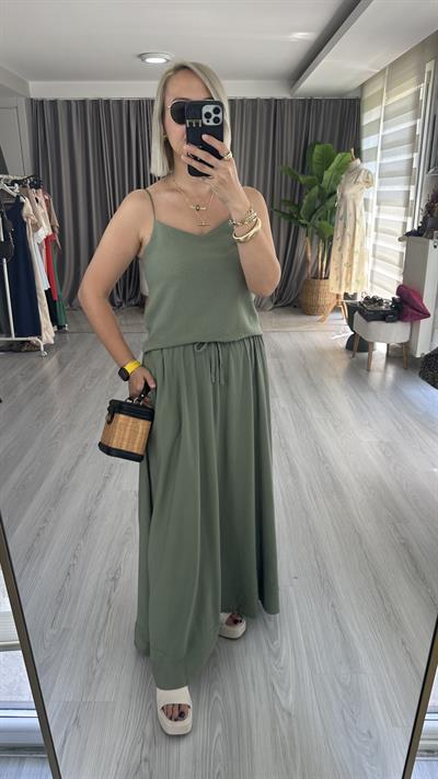 PAMUK KETEN SPAGETTİ ASKI BLUZ ETEK YEŞİL TAKIM