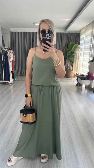 PAMUK KETEN SPAGETTİ ASKI BLUZ ETEK YEŞİL TAKIM