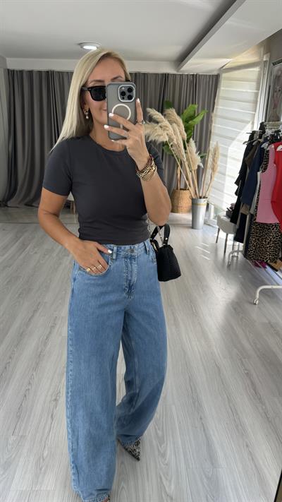 Pamuklu Antrasit Crop Tişört