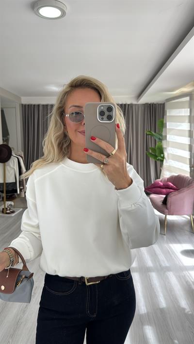Pamuklu Şardonsuz Beyaz Sweatshirt