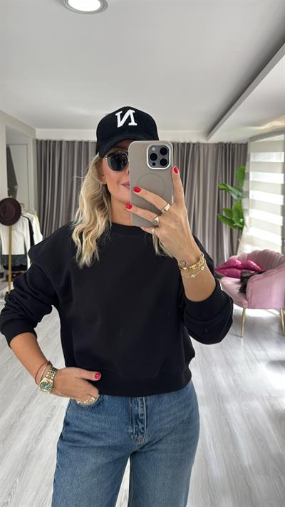 Pamuklu Şardonsuz Siyah Sweatshirt
