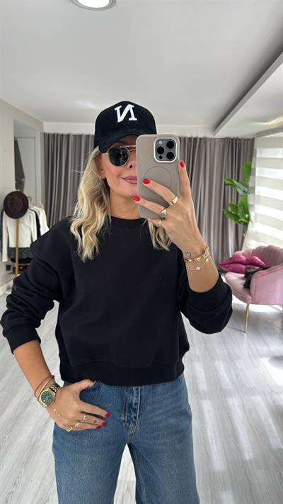 Pamuklu Şardonsuz Siyah Sweatshirt