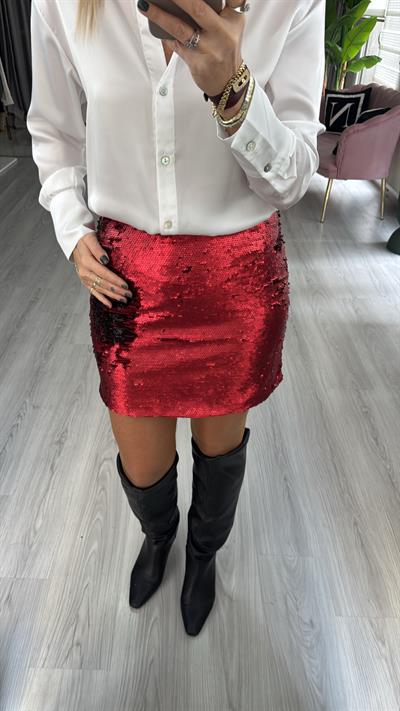 Payetli İşlemeli Astarlı Şehir Boy Kırmızı Etek