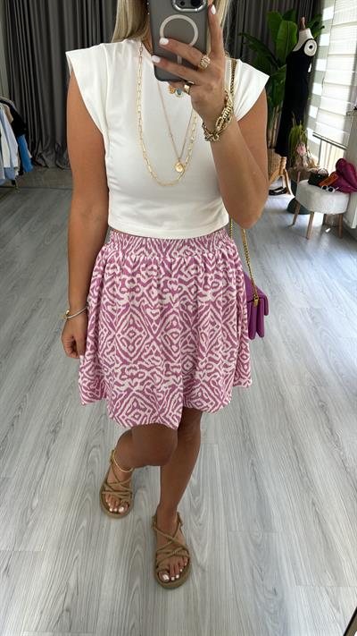 PEMBE BEYAZ DESENLİ BELİ LASTİKLİ BALON ETEK