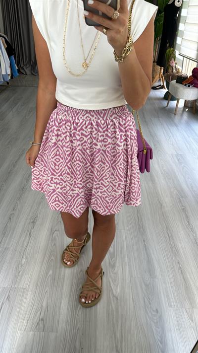 PEMBE BEYAZ DESENLİ BELİ LASTİKLİ BALON ETEK