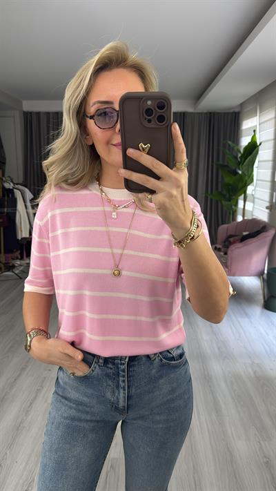 Pembe Ekru Çizgili Kolu Gold Düğme Detaylı Merserize Triko