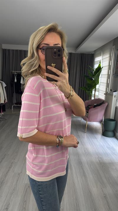 Pembe Ekru Çizgili Kolu Gold Düğme Detaylı Merserize Triko