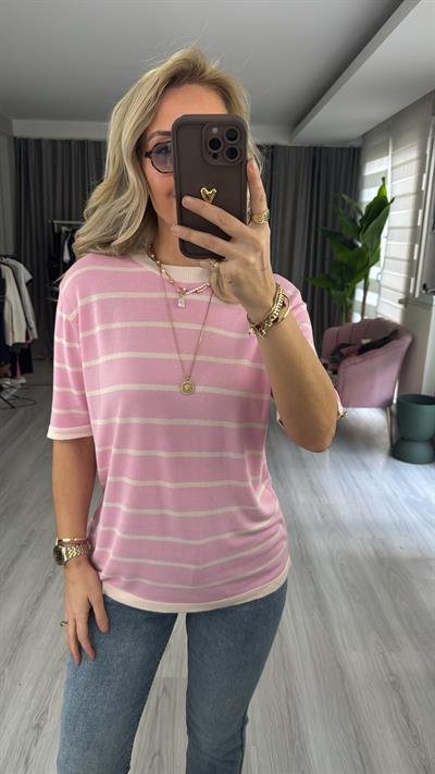 Pembe Ekru Çizgili Kolu Gold Düğme Detaylı Merserize Triko