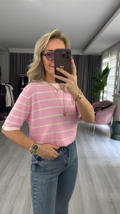 Pembe Ekru Çizgili Kolu Gold Düğme Detaylı Merserize Triko