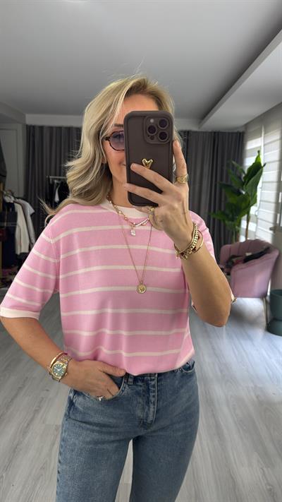 Pembe Ekru Çizgili Kolu Gold Düğme Detaylı Merserize Triko