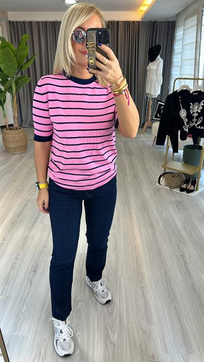 Pembe Lacivert Çizgili Merserize Triko
