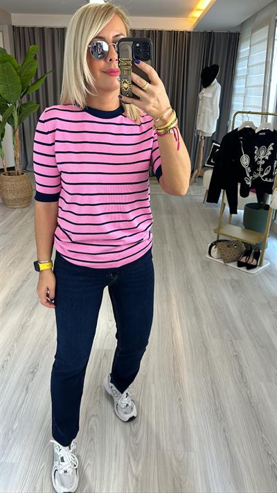 Pembe Lacivert Çizgili Merserize Triko