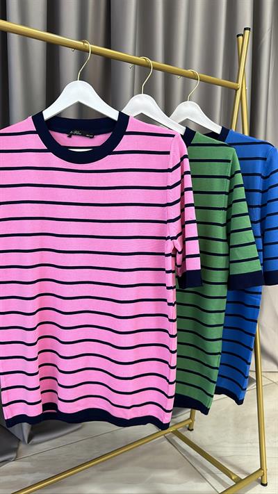 Pembe Lacivert Çizgili Merserize Triko