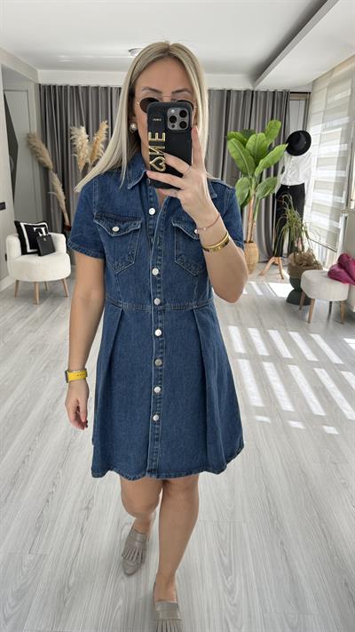 PİLE DETAYLI BELDEN OTURTMALI JEAN ELBİSE