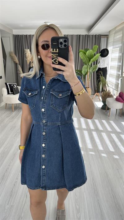 PİLE DETAYLI BELDEN OTURTMALI JEAN ELBİSE