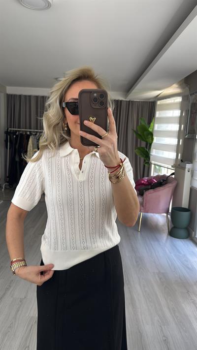 Polo Yaka Ajurlu Beyaz Triko