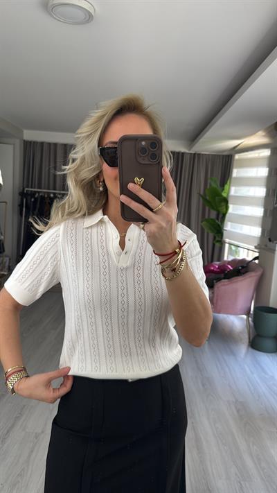 Polo Yaka Ajurlu Beyaz Triko