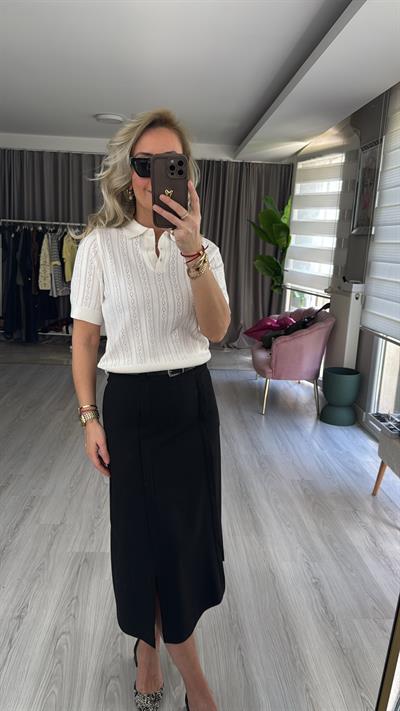 Polo Yaka Ajurlu Beyaz Triko