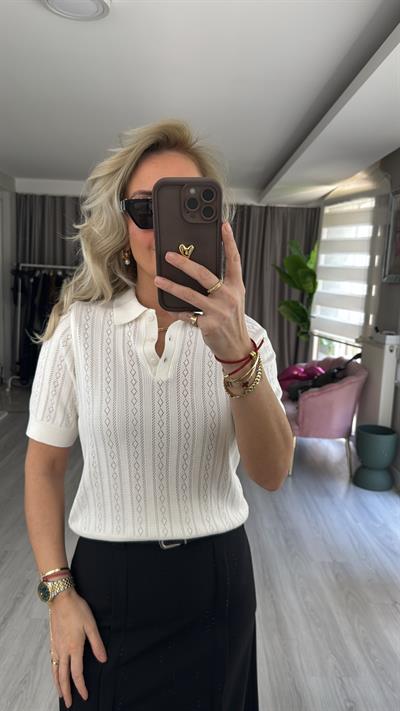 Polo Yaka Ajurlu Beyaz Triko