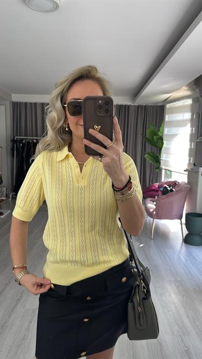 Polo Yaka Ajurlu Sarı Triko