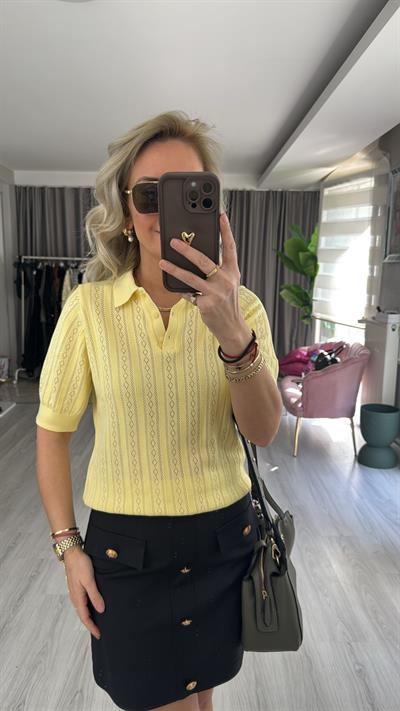 Polo Yaka Ajurlu Sarı Triko