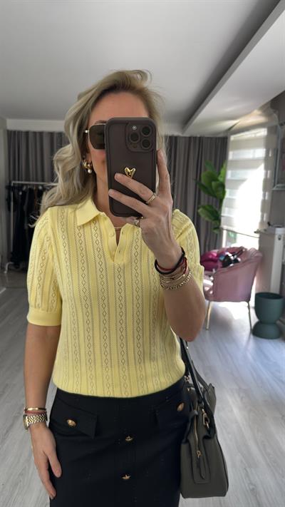 Polo Yaka Ajurlu Sarı Triko