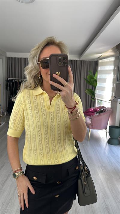 Polo Yaka Ajurlu Sarı Triko