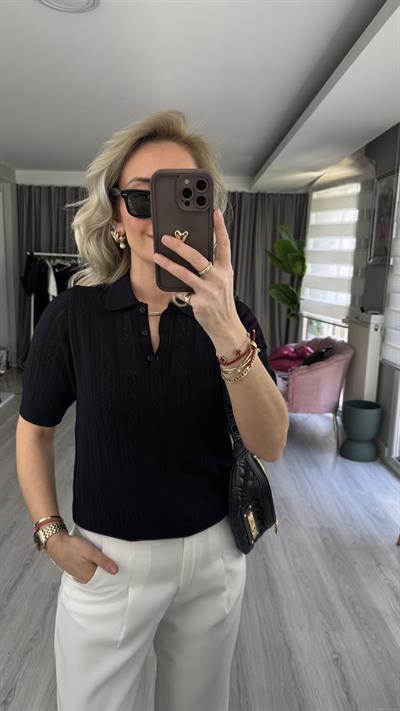 Polo Yaka Ajurlu Siyah Triko