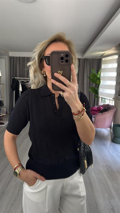 Polo Yaka Ajurlu Siyah Triko