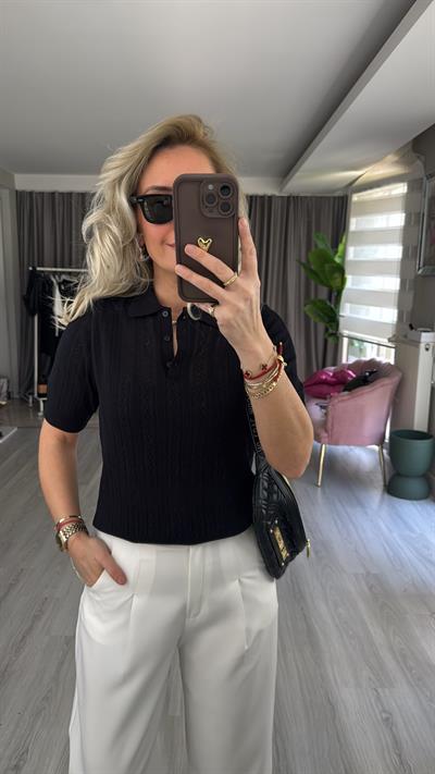 Polo Yaka Ajurlu Siyah Triko