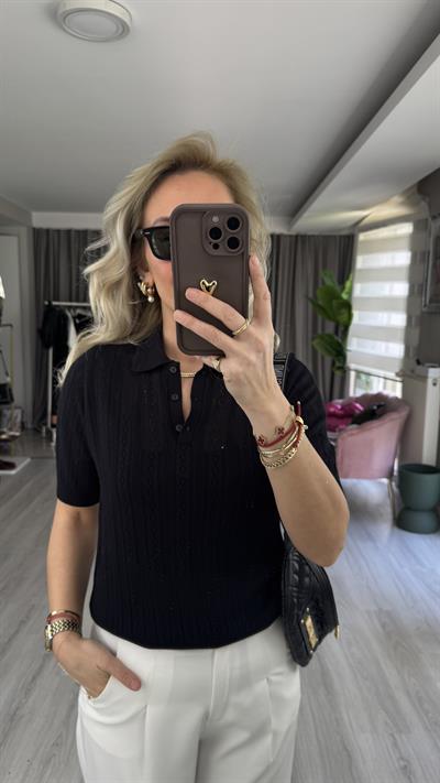 Polo Yaka Ajurlu Siyah Triko