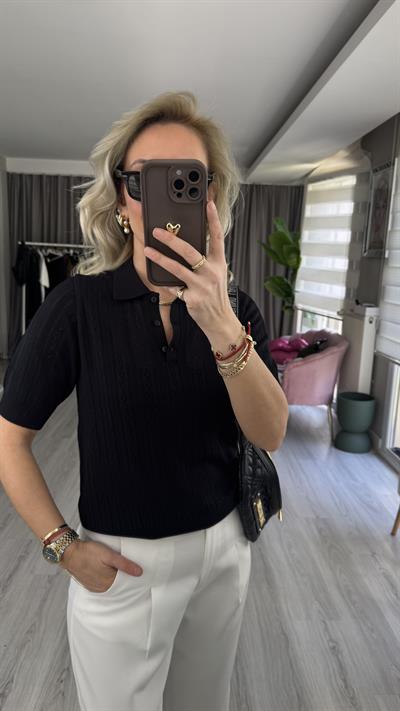 Polo Yaka Ajurlu Siyah Triko