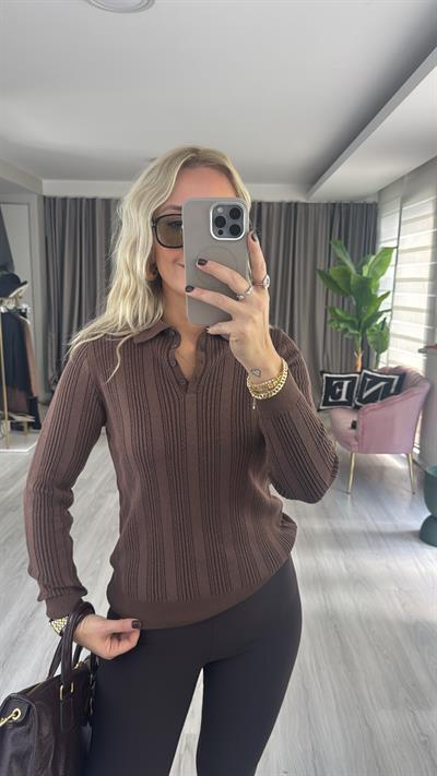 Polo Yaka Ajurlu Uzun Kol Acı Kahve Triko