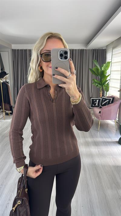 Polo Yaka Ajurlu Uzun Kol Acı Kahve Triko