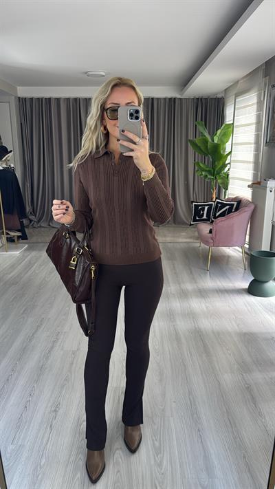 Polo Yaka Ajurlu Uzun Kol Acı Kahve Triko