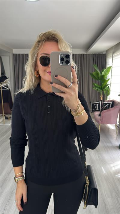 Polo Yaka Ajurlu Uzun Kol Siyah Triko