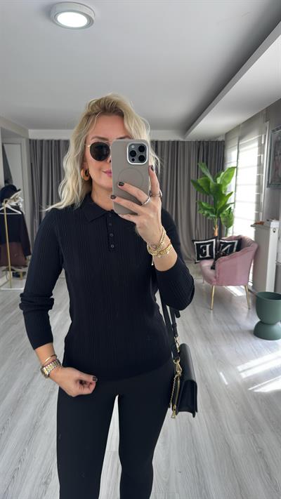 Polo Yaka Ajurlu Uzun Kol Siyah Triko