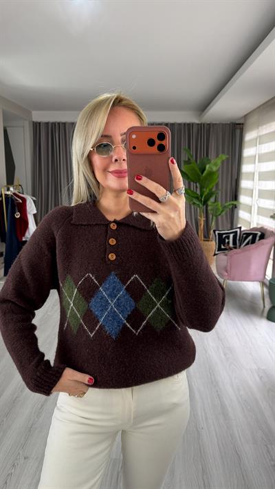 Polo Yaka Baklava Desen Acı Kahve Triko