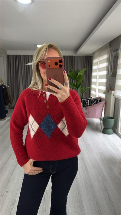 Polo Yaka Baklava Desen Kırmızı Triko