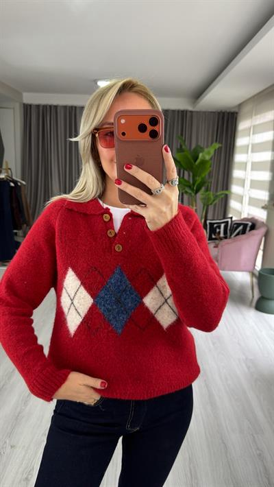 Polo Yaka Baklava Desen Kırmızı Triko