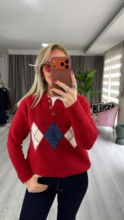 Polo Yaka Baklava Desen Kırmızı Triko