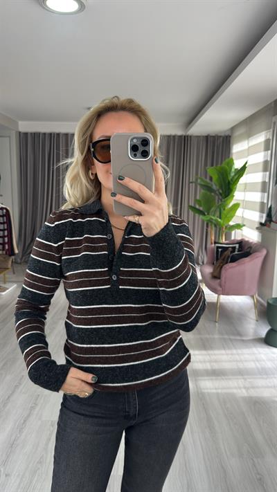 Polo Yaka Bordo Antrasit Çizgili Triko